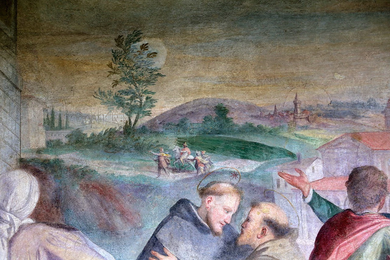 Chiostro Grande in Santa Maria Novella - incontro di San Francesco e San Domenico, dettaglio